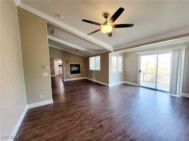 unfurnished living room with dark wood-type flooring, ceiling fan, vaulted ceiling with beams, and ornamental molding