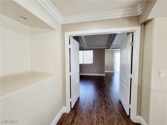 corridor with dark hardwood / wood-style floors and crown molding