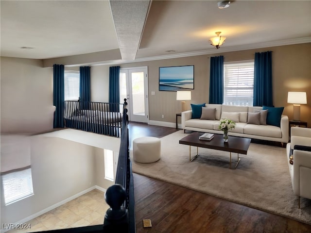 living room with french doors, light hardwood / wood-style floors, a healthy amount of sunlight, and crown molding