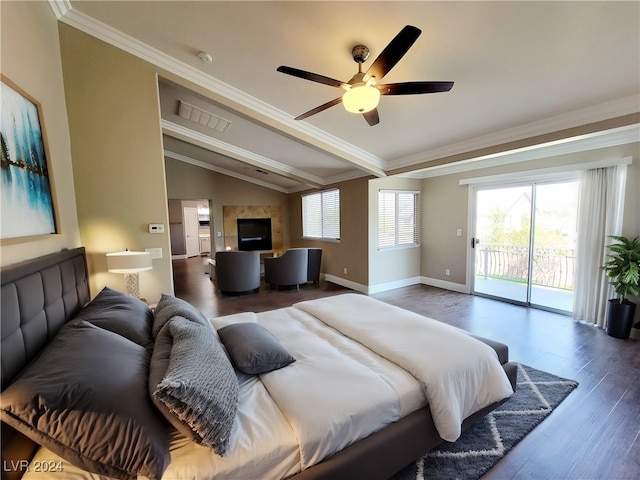 bedroom with lofted ceiling with beams, ornamental molding, access to exterior, dark hardwood / wood-style flooring, and ceiling fan