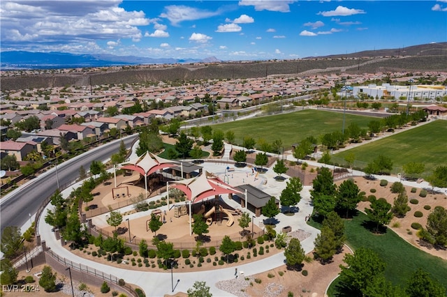 drone / aerial view featuring a mountain view