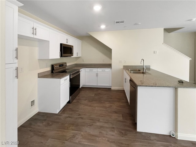 kitchen with white cabinetry, stainless steel appliances, kitchen peninsula, sink, and dark hardwood / wood-style floors