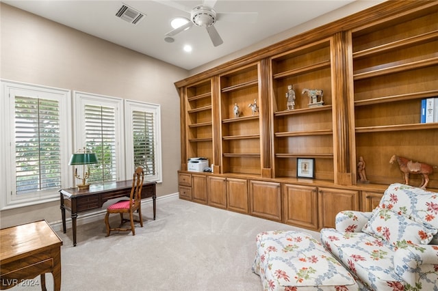 home office with light colored carpet and ceiling fan