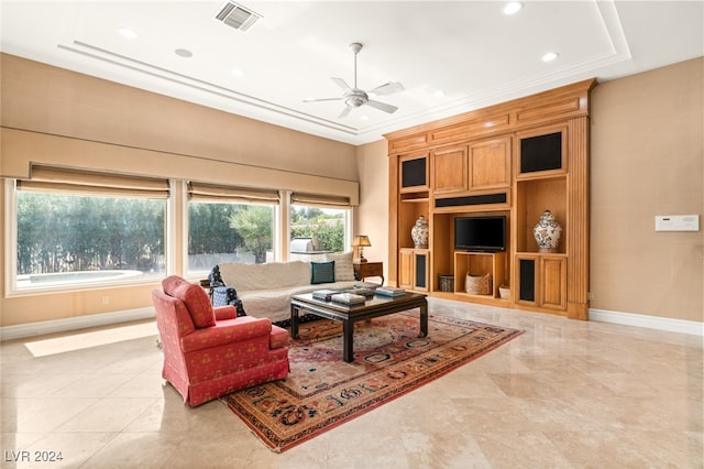 living room with ceiling fan