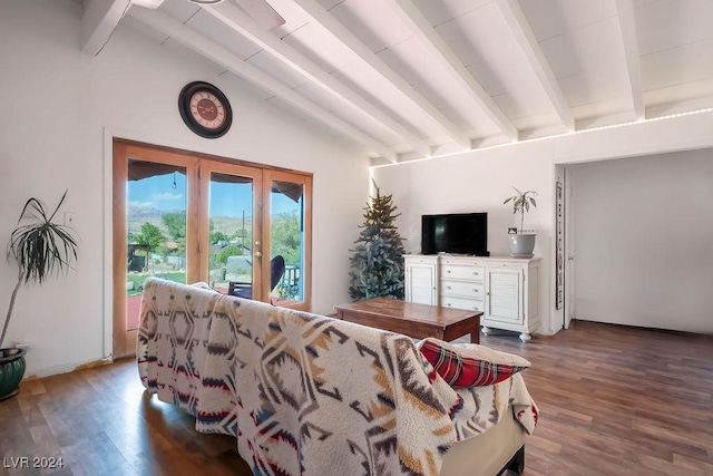 bedroom with lofted ceiling with beams, access to outside, french doors, and wood finished floors