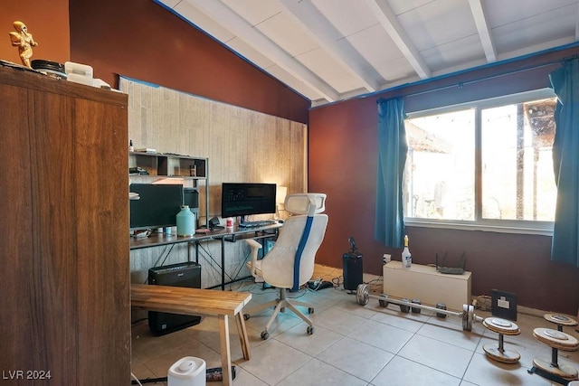 office area with lofted ceiling with beams and tile patterned floors