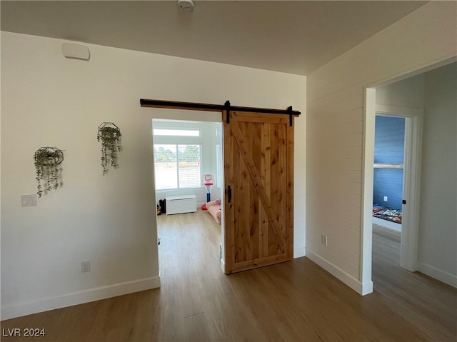 interior space featuring a barn door and wood-type flooring