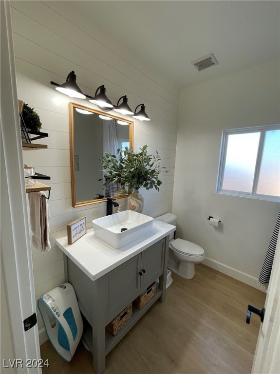 bathroom with wood-type flooring, vanity, and toilet