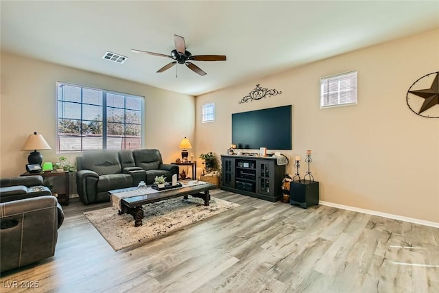 living room with ceiling fan and light wood-type flooring