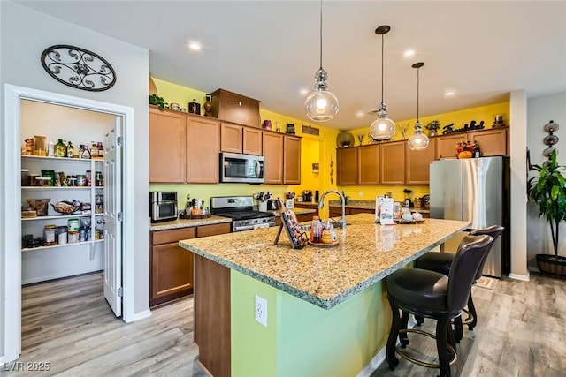 kitchen featuring light stone counters, stainless steel appliances, light hardwood / wood-style floors, and an island with sink