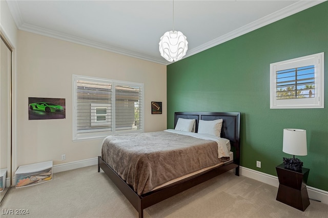 bedroom featuring light colored carpet, a chandelier, ornamental molding, and multiple windows