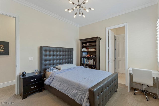 carpeted bedroom with crown molding and a chandelier