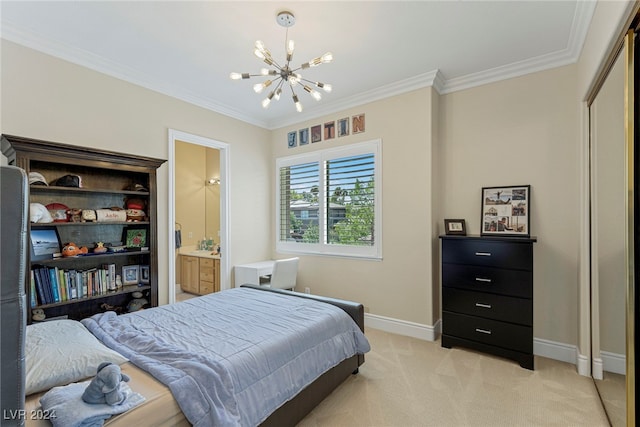 carpeted bedroom featuring ornamental molding, a notable chandelier, and connected bathroom