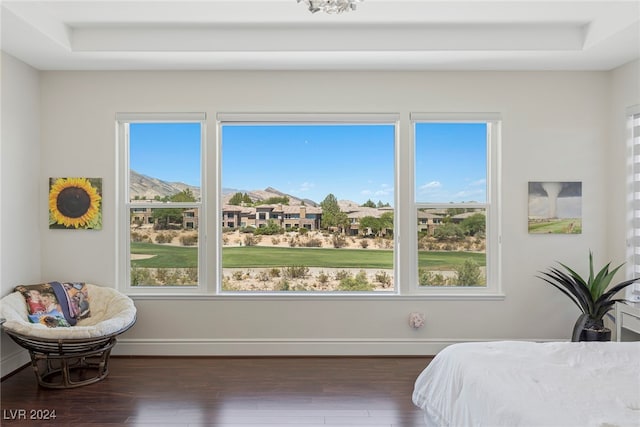 bedroom with a tray ceiling, dark hardwood / wood-style flooring, and multiple windows