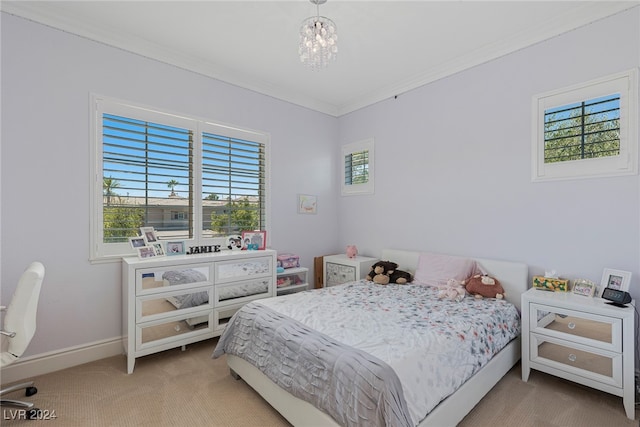 carpeted bedroom with ornamental molding, multiple windows, and a chandelier