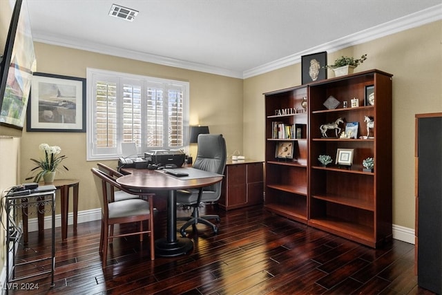 office space featuring crown molding and dark wood-type flooring