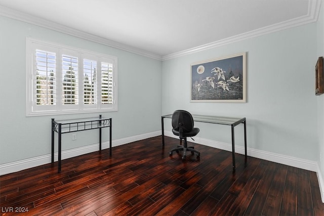 home office with crown molding and wood-type flooring