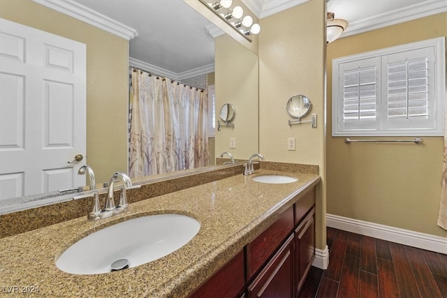 bathroom with wood-type flooring, ornamental molding, and vanity