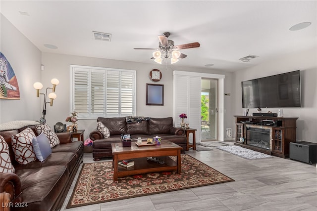 living room with ceiling fan