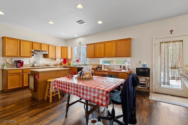 kitchen with plenty of natural light, a center island, stainless steel gas cooktop, and dark wood-type flooring