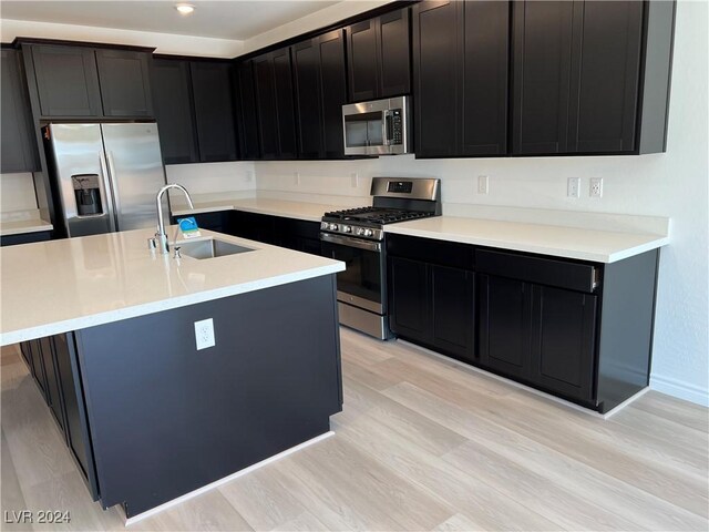 kitchen with light wood-type flooring, stainless steel appliances, a center island with sink, and sink