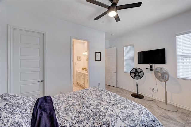 bedroom featuring ceiling fan and ensuite bathroom