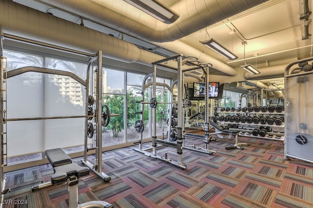 workout area featuring dark carpet