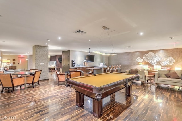 rec room with hardwood / wood-style flooring and billiards