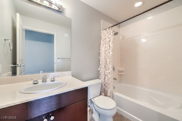 full bathroom with toilet, shower / bath combination with curtain, and vanity