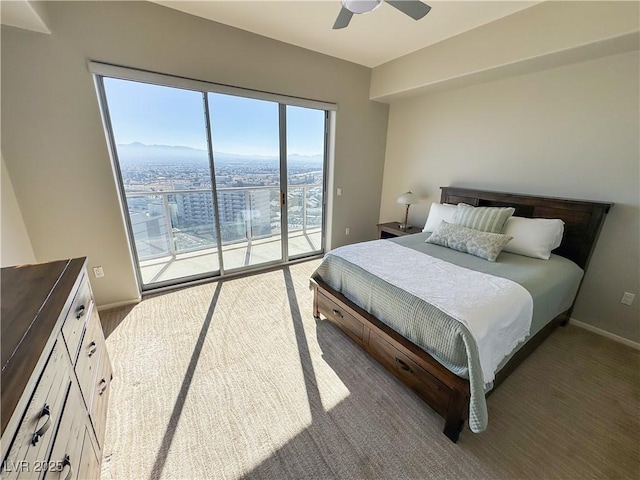 bedroom featuring access to outside, carpet flooring, ceiling fan, and baseboards