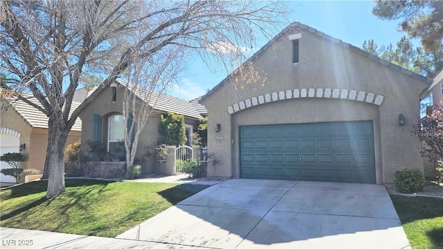 view of front facade featuring a garage, a tile roof, concrete driveway, stucco siding, and a front lawn