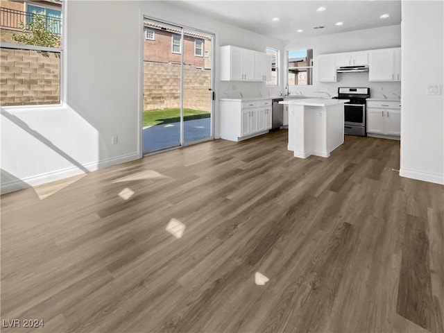 kitchen featuring a wealth of natural light, white cabinets, a kitchen island, and stainless steel appliances