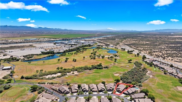 bird's eye view with a water and mountain view