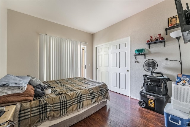 bedroom with dark wood-type flooring and a closet