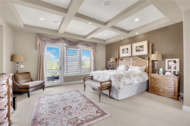 bedroom featuring access to outside, coffered ceiling, beam ceiling, and light carpet