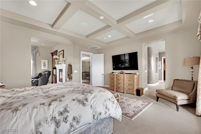 carpeted bedroom featuring connected bathroom, coffered ceiling, and beamed ceiling