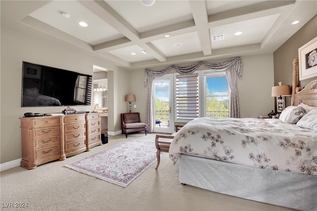 carpeted bedroom featuring coffered ceiling, beamed ceiling, and access to exterior