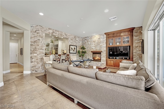 living room with a fireplace