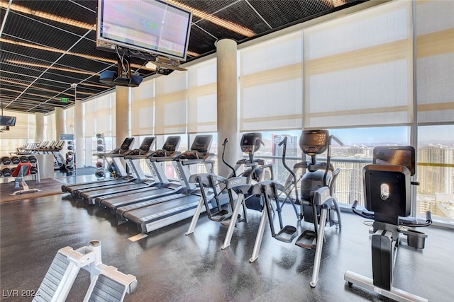 exercise room with a wall of windows and a healthy amount of sunlight