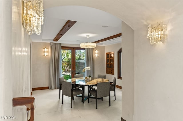 dining area featuring light tile patterned floors, an inviting chandelier, and beam ceiling