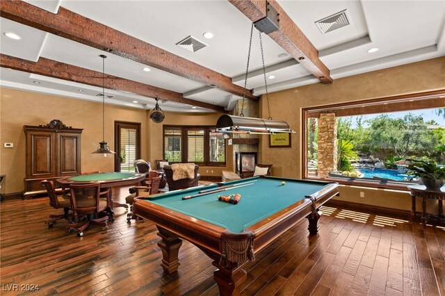 recreation room with dark wood-type flooring, billiards, and beamed ceiling