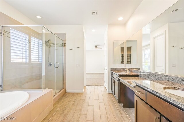 bathroom with vanity, a healthy amount of sunlight, and independent shower and bath