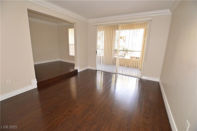 unfurnished room with dark hardwood / wood-style flooring and crown molding