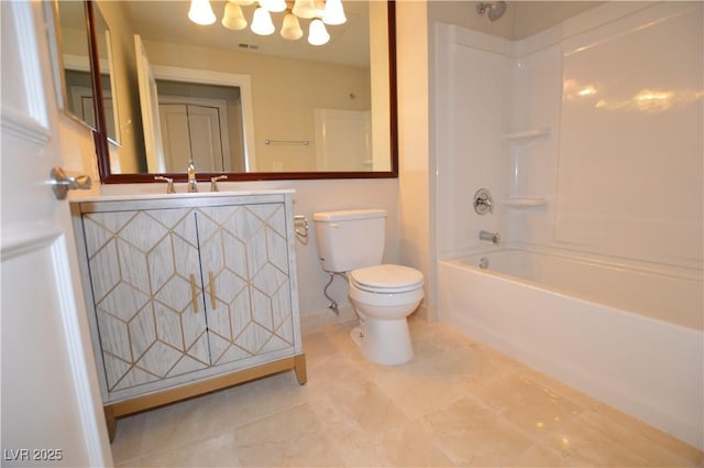 full bathroom featuring vanity, shower / bathtub combination, and toilet