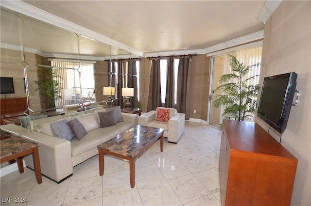 living room with ornamental molding