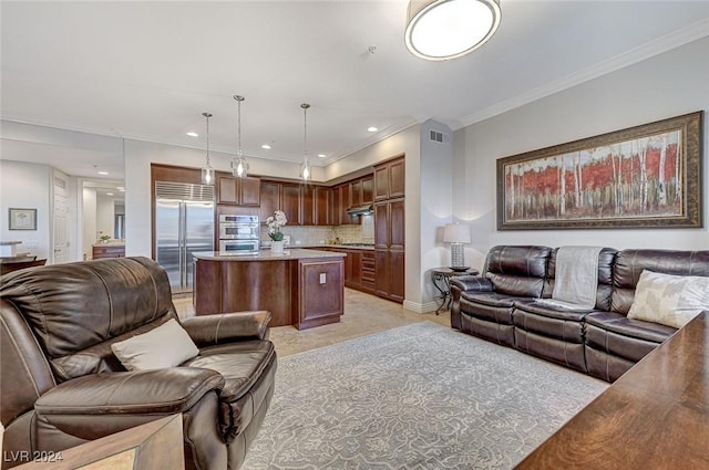 living area featuring visible vents, recessed lighting, and ornamental molding