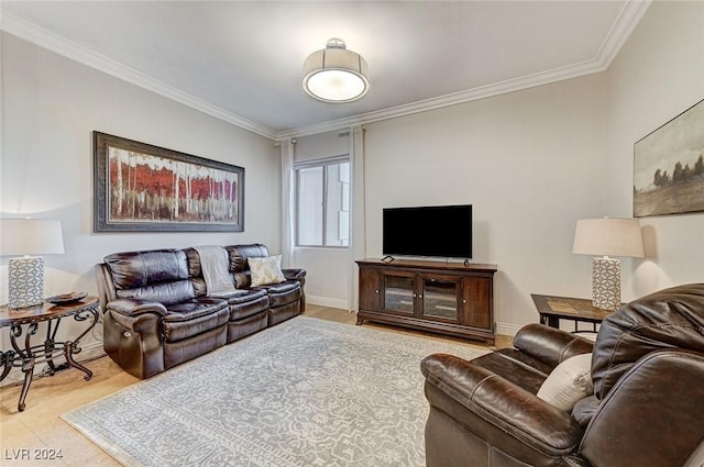living area featuring crown molding and baseboards