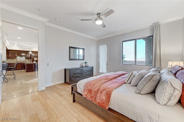 bedroom with ornamental molding, light hardwood / wood-style flooring, and ceiling fan