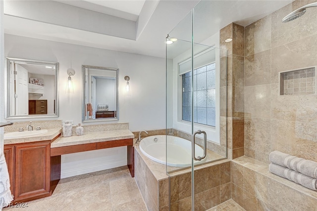 bathroom with vanity, plus walk in shower, and tile patterned floors