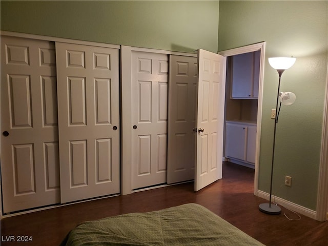 bedroom featuring two closets and dark wood-type flooring